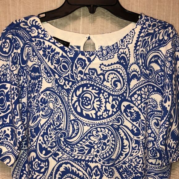 Talbots SP Knit White Blue Paisley Short Sleeve Knit Pullover Sweater Top - Picture 3 of 13